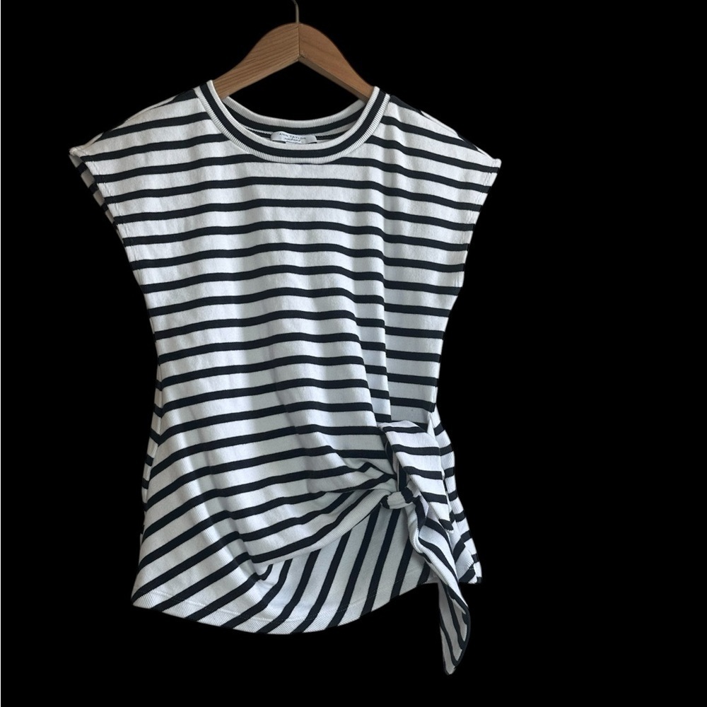 Ann Taylor Black and White Striped Short Sleeve Top